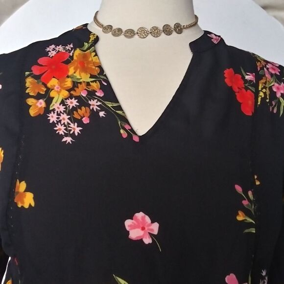 Boho Blouse Floral Flowy Peasant Style Semi Sheer Chiffon Blouse V Neck … - Picture 7 of 16